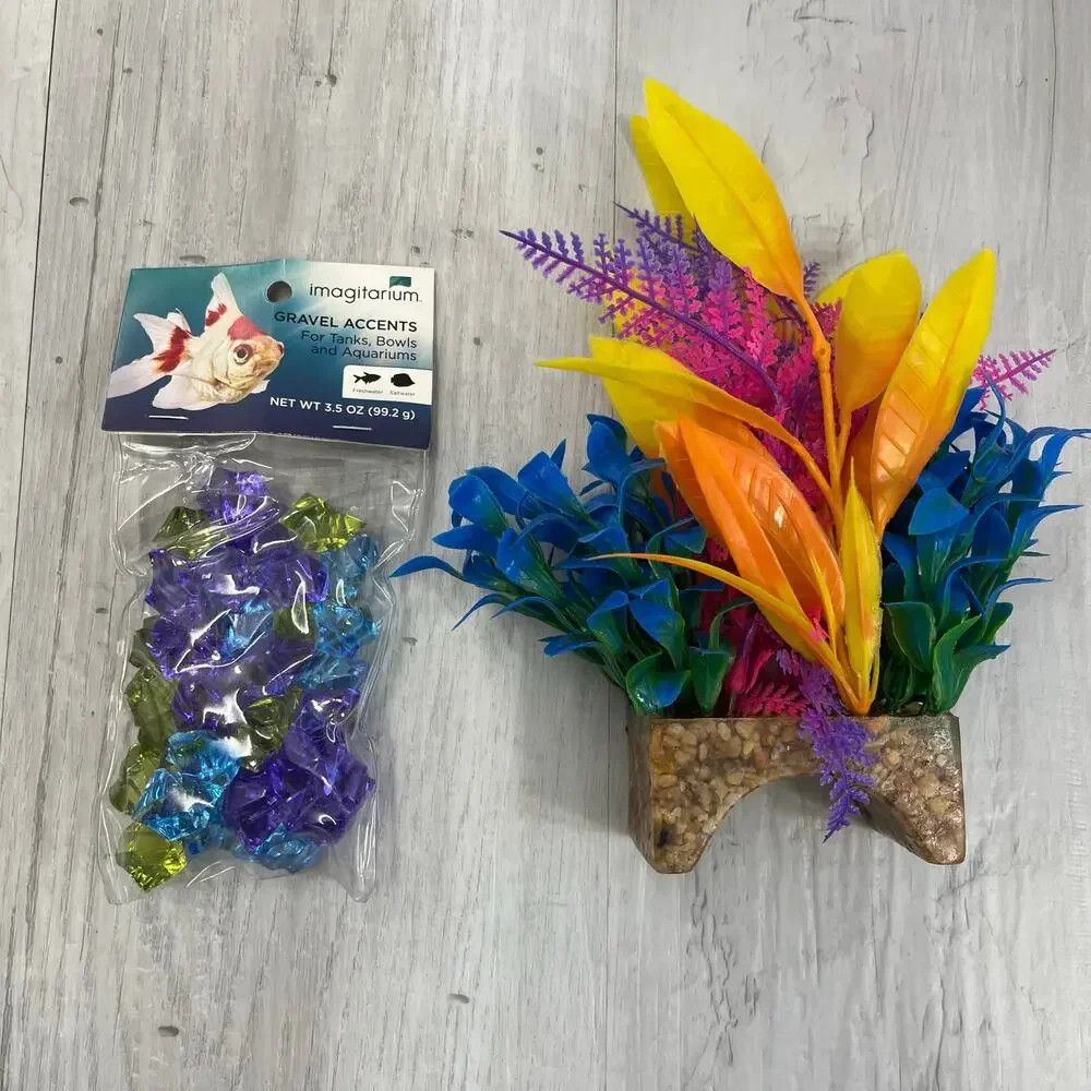 13-Piece Fish Tank Decor Bundle Tiki  Palm Tree Vibrant Plants Tropical Bright